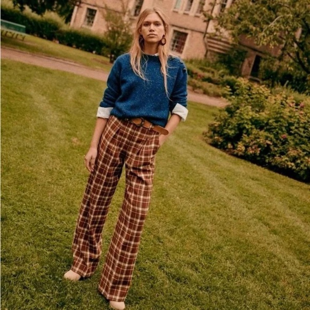Sezane Théophile Trousers Carreaux Noisette Vert - Size 38